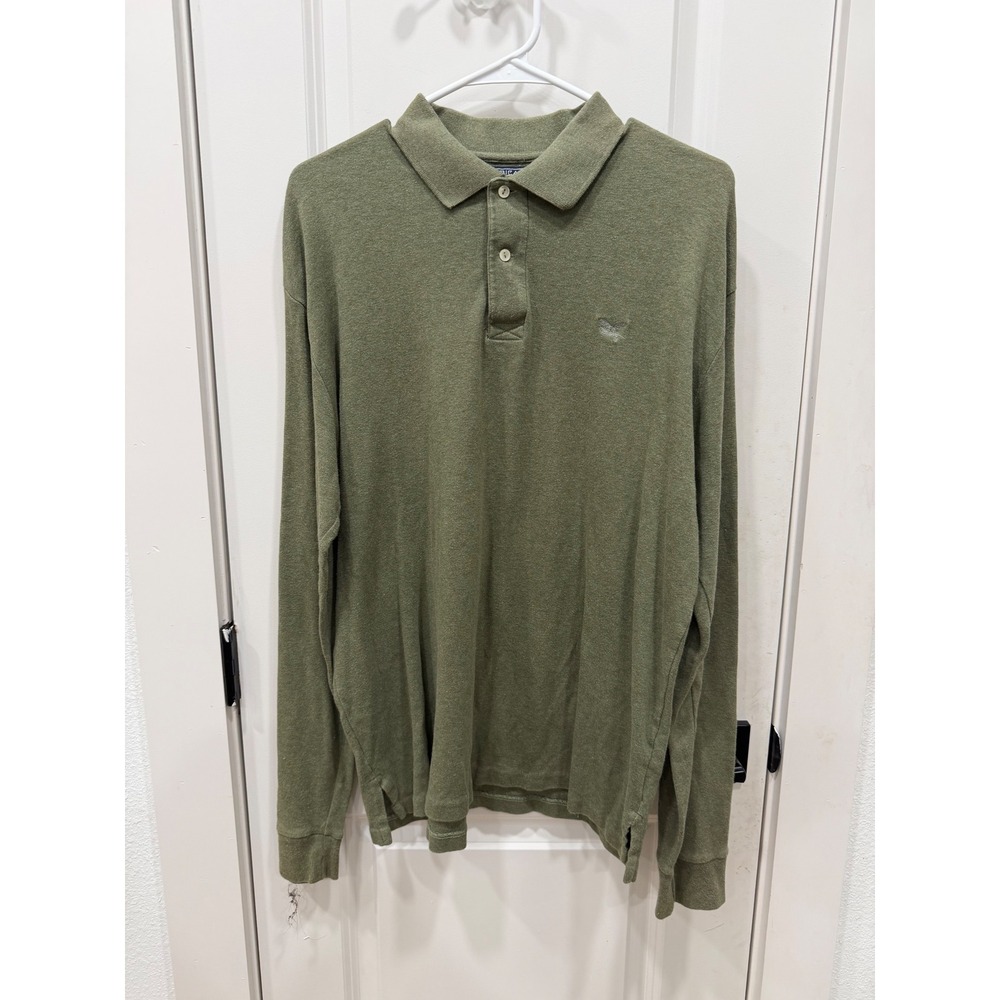 American Living Mens Long Sleeve Polo‎ Shirt Olive Green Cotton Eagle Logo Large